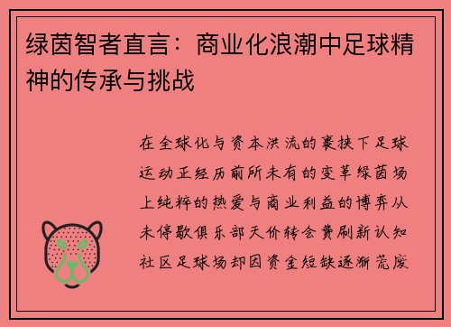 绿茵智者直言：商业化浪潮中足球精神的传承与挑战